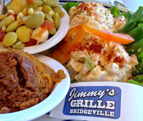 Shrimp Salad with Lima beans &amp; dumplings, and sweet potato souflee. #mmm #jimmysgrille
