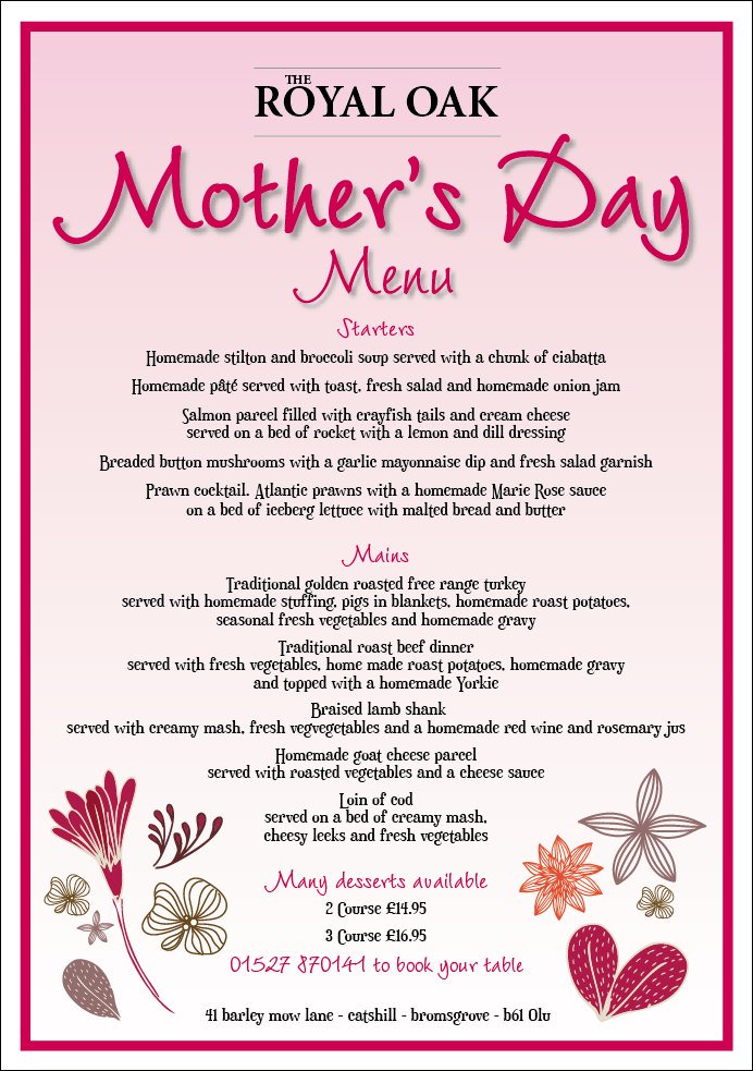 theroyaloakbrom's tweet photo. Mother's Day is getting close check our menu and book a table https://t.co/MrqOSsS29J