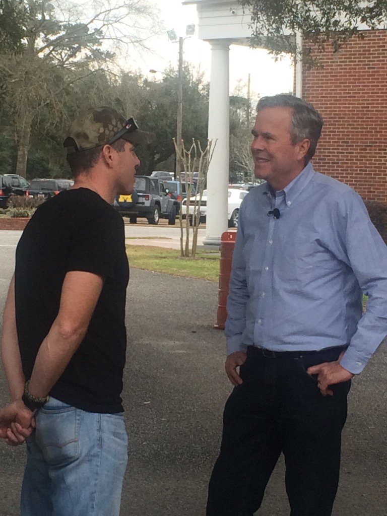 BrettDoster's tweet photo. .@JebBush retailing the veteran vote at the Greater Goodwill AME precinct in Mt. Pleasant. #allinforjebsc https://t.co/ueAIkBn3aU