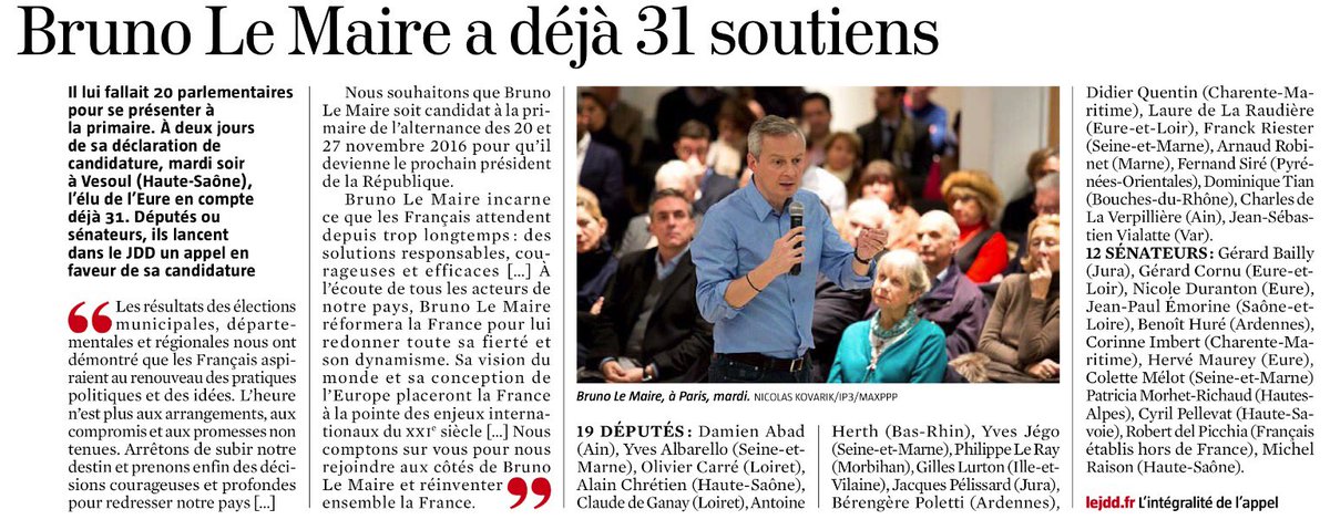 yvesjego's tweet photo. Nous sommes déjà 31 parlementaires à vouloir réinventer la France avec @BrunoLeMaire #AvecBLM (@leJDD) https://t.co/q2C0jk24XI