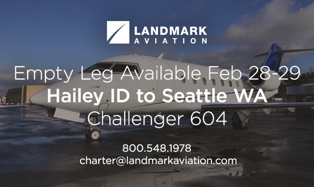 LandmarkCharter's tweet photo. #EmptyLeg ✈ Available Feb 28-29 Challenger 604 Hailey ID #SUN to Seattle WA #BFI #BizAv https://t.co/JkUxgpBnFj https://t.co/T0Mv9qTNlP
