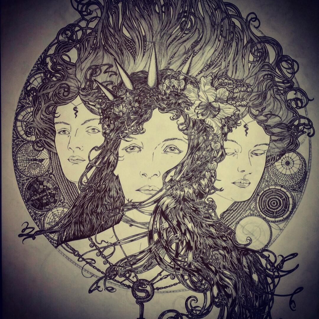 KimIllustrate's tweet photo. Update on hecate drawing - it's been a while! She now has her 3 heads : ) need to finish mosaic disc in the bg now. https://t.co/43050DjqYm