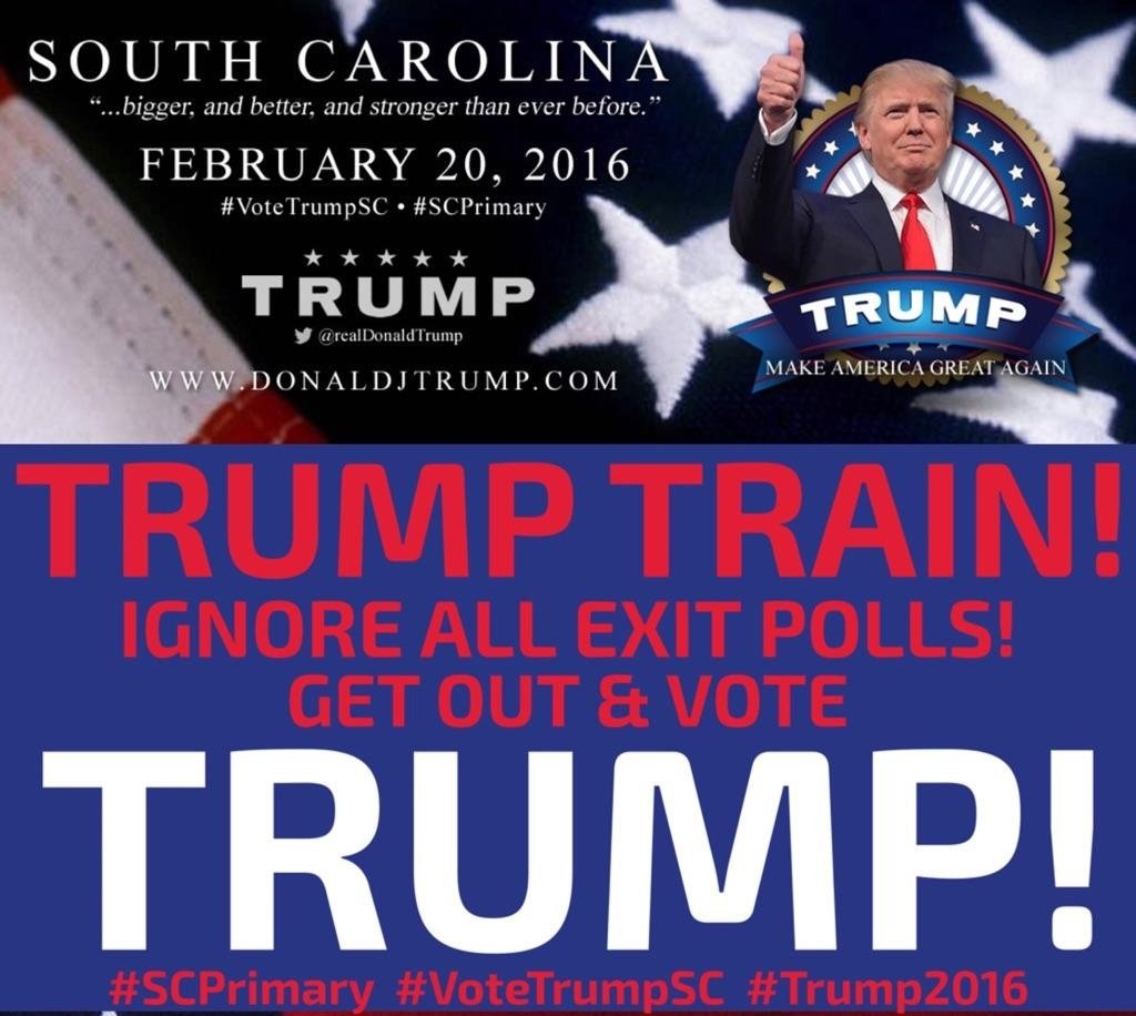 DanScavino's tweet photo. #TrumpTrain #SCPrimary 
IGNORE ALL EXIT POLLS!!
#Trump2016 #VoteTrump https://t.co/xCk6fkRNDX