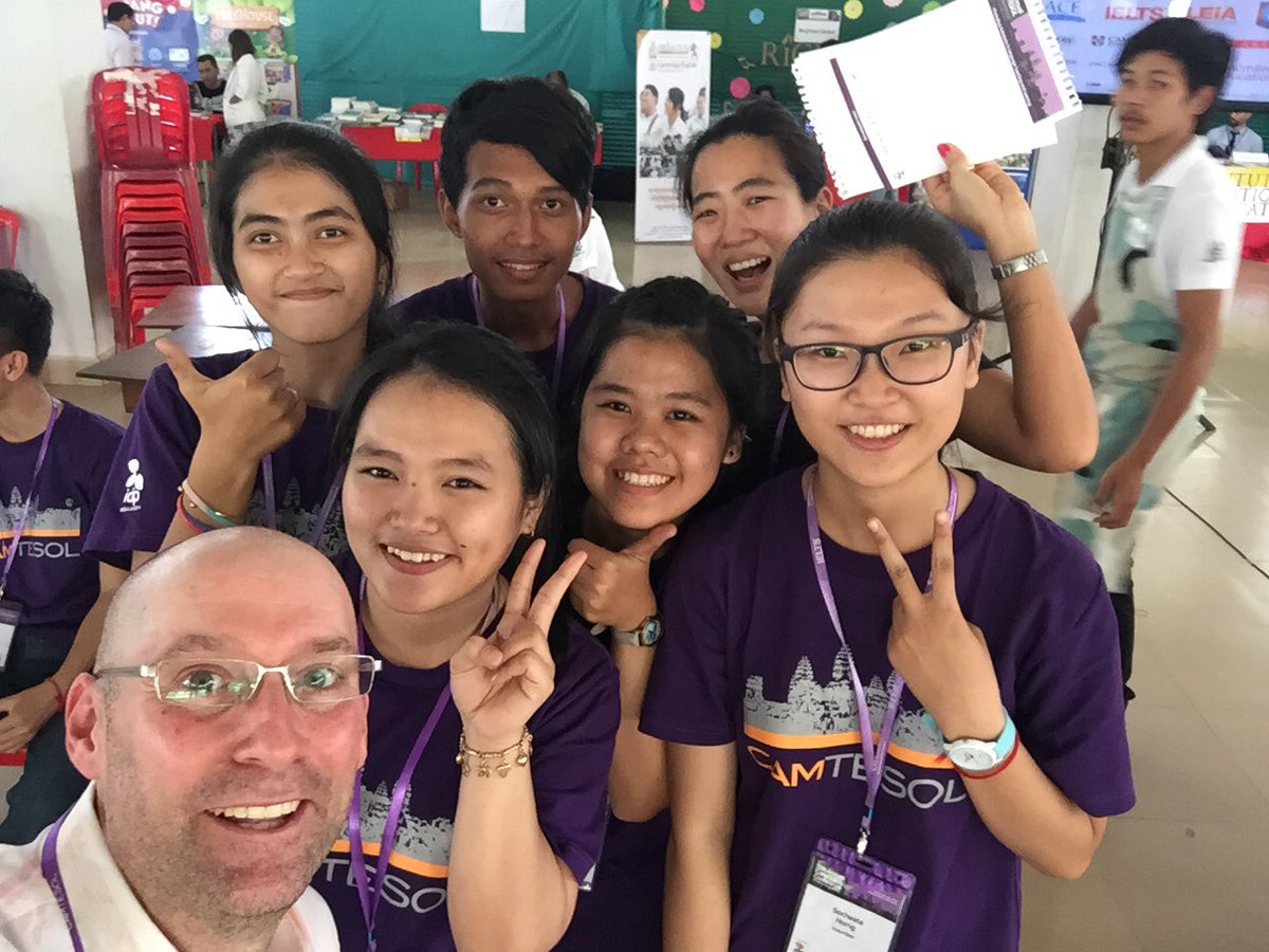 Kirk + I getting our happy on WITH volunteer uni students at CAMTESOL 2016 conference in Phnom Penh! #withvsat