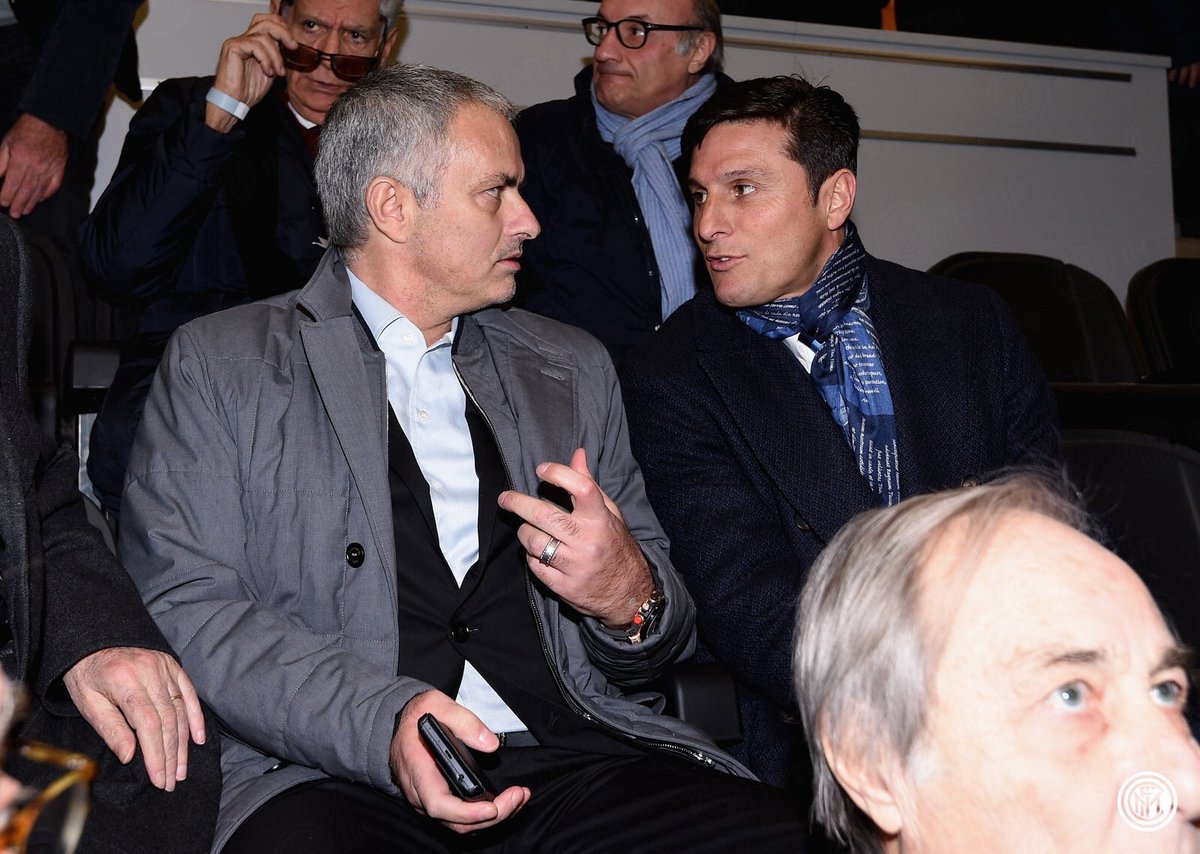 javierzanetti's tweet photo. Happy to meet José #Mourinho tonight in San Siro for Inter-Sampdoria! Forza @Inter! #amala https://t.co/pcG6TsOkBr