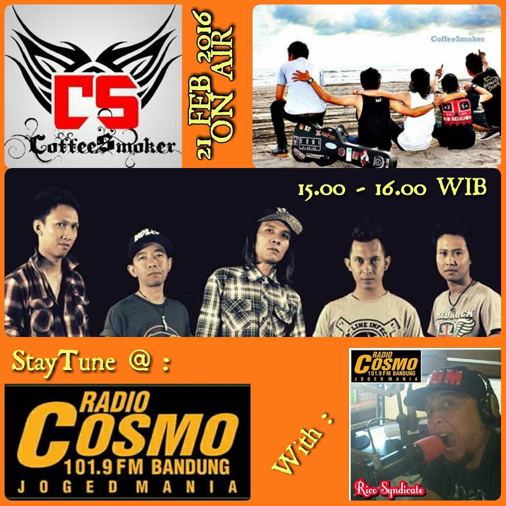 <a href="/radiocosmo/">Cosmo Radio Visual</a> ada <a href="/thecoffeesmoker/">CoffeeSmoker Band</a> with <a href="/RicoBTFLOAD/">Rico drummer</a> #Kobokan 15.00 - 17.00 WIB Sok Ah ..kita kenal mereka lebih dekat