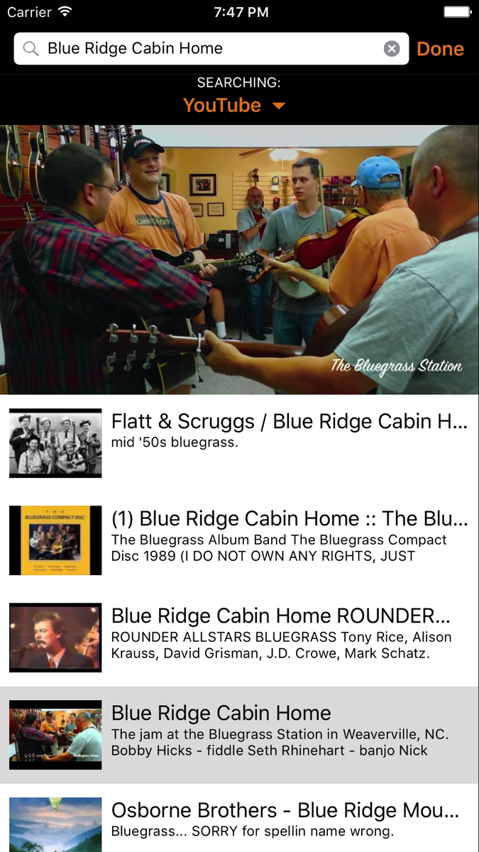 bhtimothy's tweet photo. I’ve been adding search into @BluegrassGuru to find songs on YouTube, Spotify, etc. #iOSApp #bluegrass #music https://t.co/MRaxCITIcg