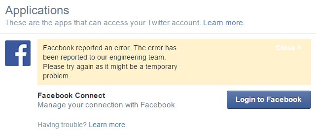 Can't connect <a href="/facebook/">Facebook</a> with <a href="/twitter/">Twitter</a> Waddup @engblog @TwitterEng @twitterapi #letsallbefriends