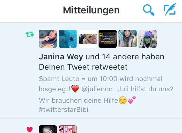 mypassionasnini's tweet photo. Leute,ich bin mega stolz auf uns! Ihr RT super aktiv, ich glaube daran das wir das schaffen können💪🏻#twitterstarBibi https://t.co/3XfonbeI8u