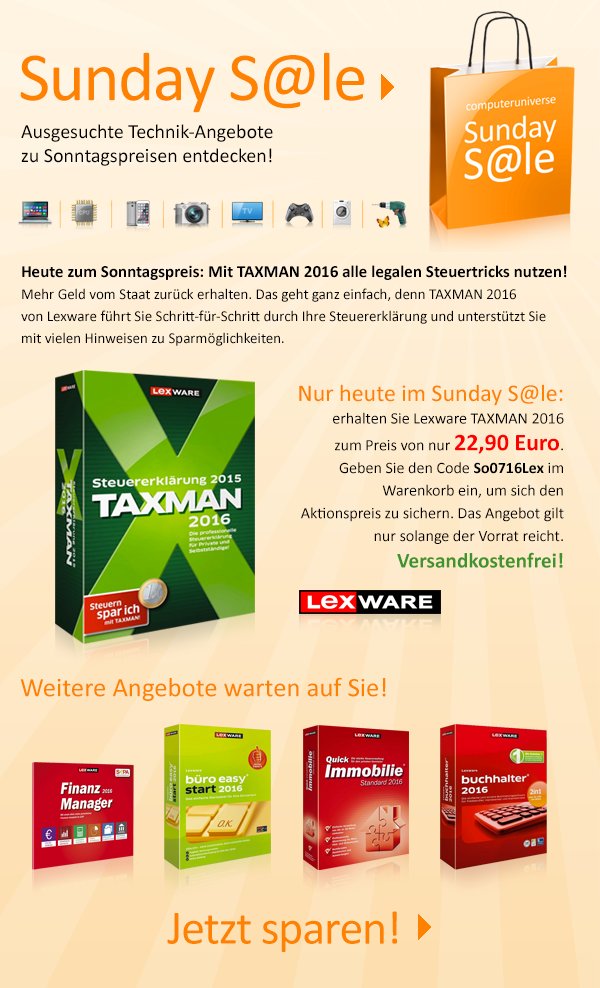 comp_universe's tweet image. Sunday Sale: #TAXMAN 2016 von #Lexware für 22,90 Euro: ow.ly/Yn9aE
#Steuersoftware #Steuererklärung