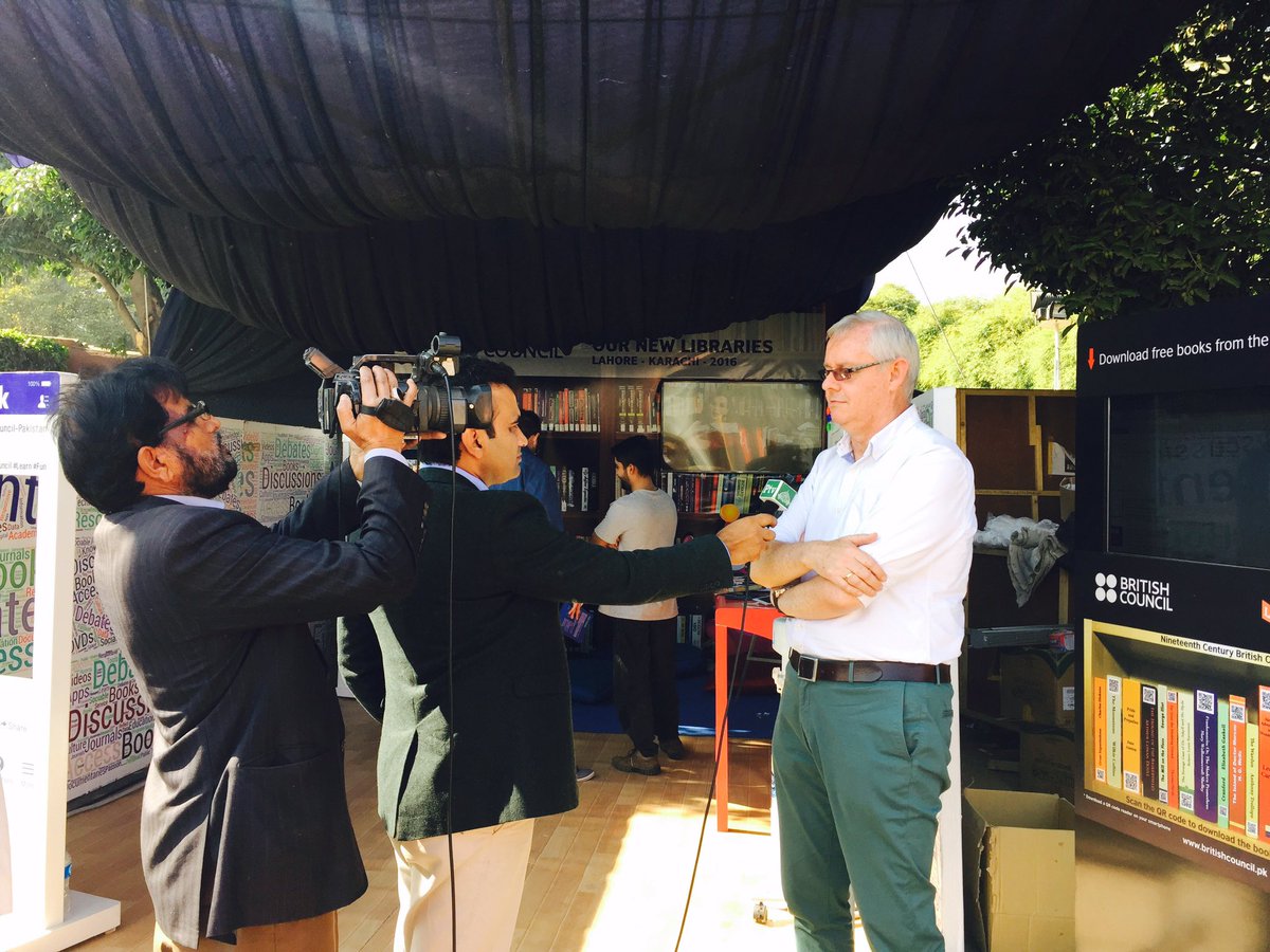 pkBritish's tweet photo. Kevin McLaven, Area Director, British Council interviewing with PTV about the opening of Lib #libraryatllf #llf2016 https://t.co/9IveZMOcNU