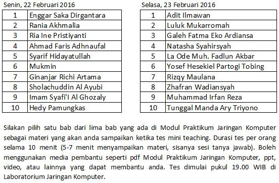 JarkomFILKOM's tweet photo. Berikut urutan peserta tes mini teaching calon asisten praktikum Jarkom. Info lebih lanjut silakan lihat gambar. https://t.co/jpMyqfCscu