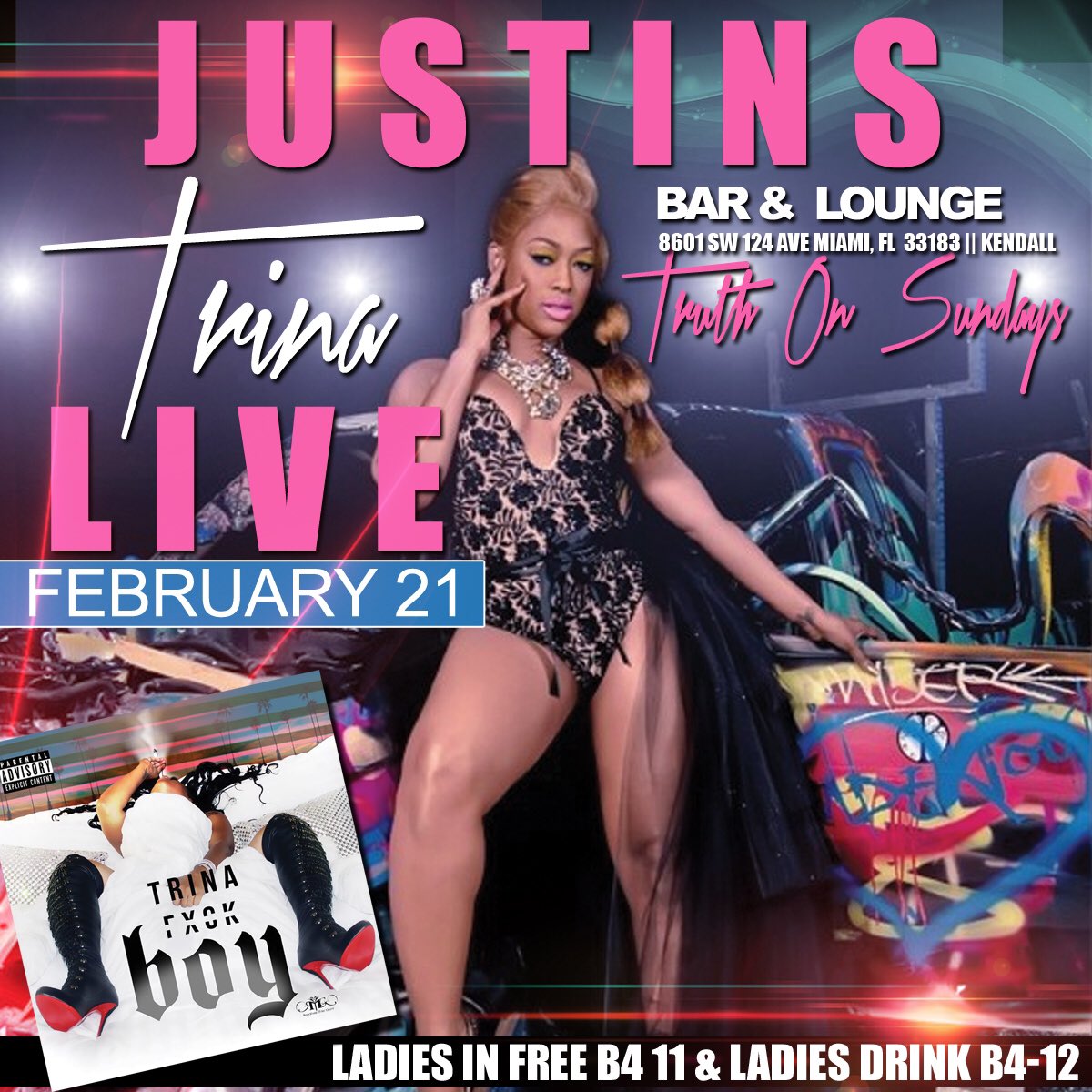 TRINArockstarr's tweet photo. ‼️ Miami, FL ‼️ TONIGHT ‼️ ...  LIVE At "Justin's Bar &amp; Lounge" https://t.co/n5jDrPn29f