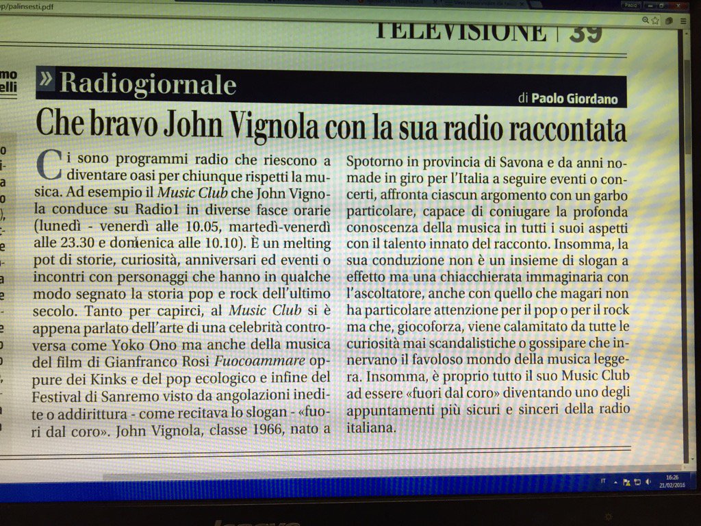 IlPaoloGiordano's tweet photo. Ma che bravo John Vignola nel suo Music Club di Radio1. #radio1 @johnvignola https://t.co/I5BIOqysOJ