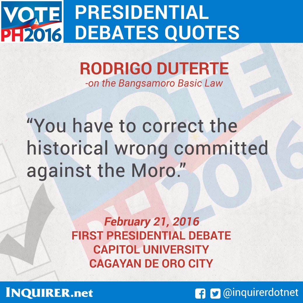 inquirerdotnet's tweet photo. #RodrigoDuterte on the Bangsamoro Basic Law #PilipinasDebates2016 #VotePH2016 https://t.co/g1SHDZU5kT