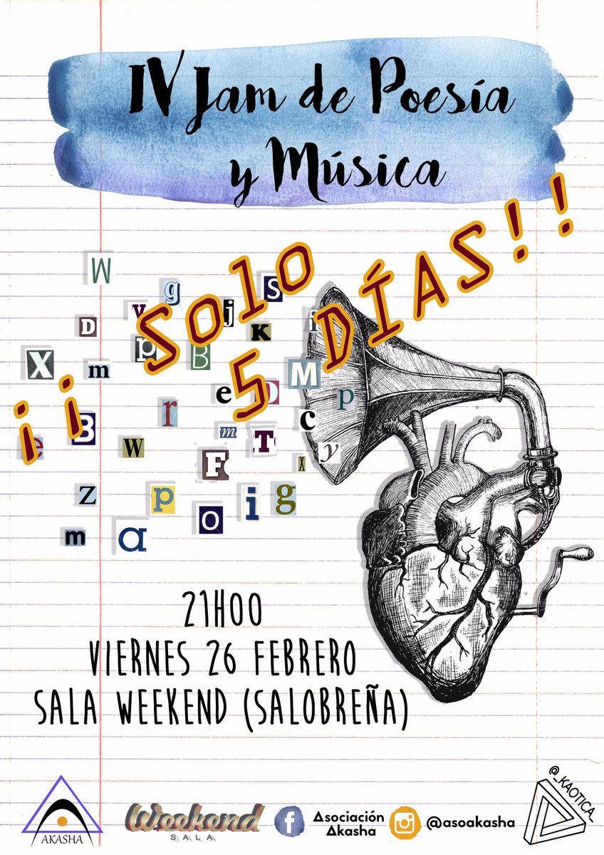 AkashaCultura's tweet photo. A tan sólo #5días de nuestra IV Jam!!! ¿Te la vas a perder?? #AkashaCultura #PoesíayMúsica #Salobreña #ArribaPoesía! https://t.co/GQcv379ppJ