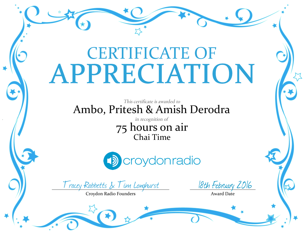 chaitimeshow's tweet photo. We've been awarded 75hrs @CroydonRadio we couldn't have done it without the support of you #ChaiTimers! Thank you! https://t.co/UQzUIc5gFc