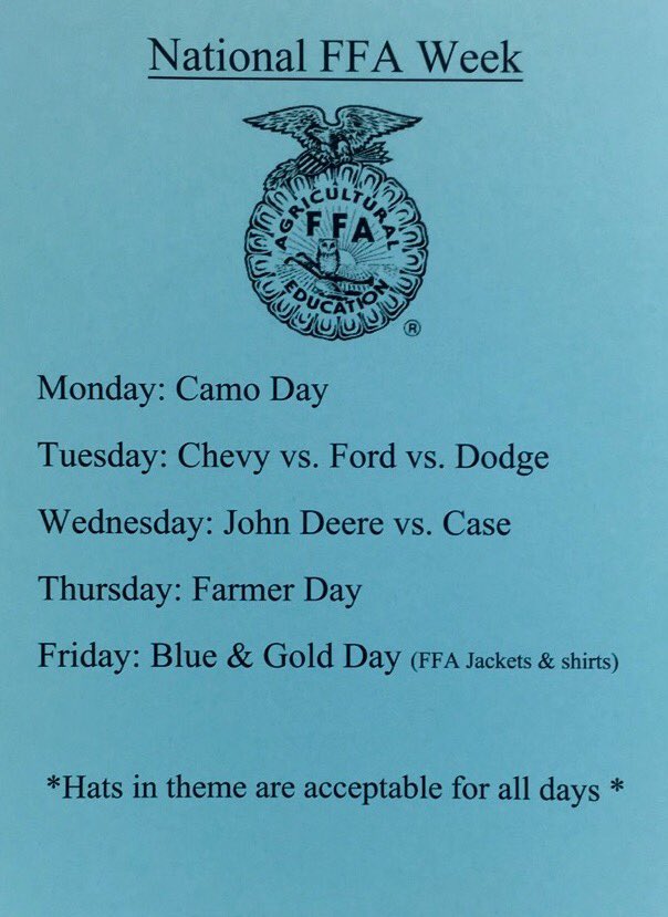 Hey OCCHS Rebels! Don't forget to celebrate National FFA Week by dressing up each day! ALL students welcome. #tnffa