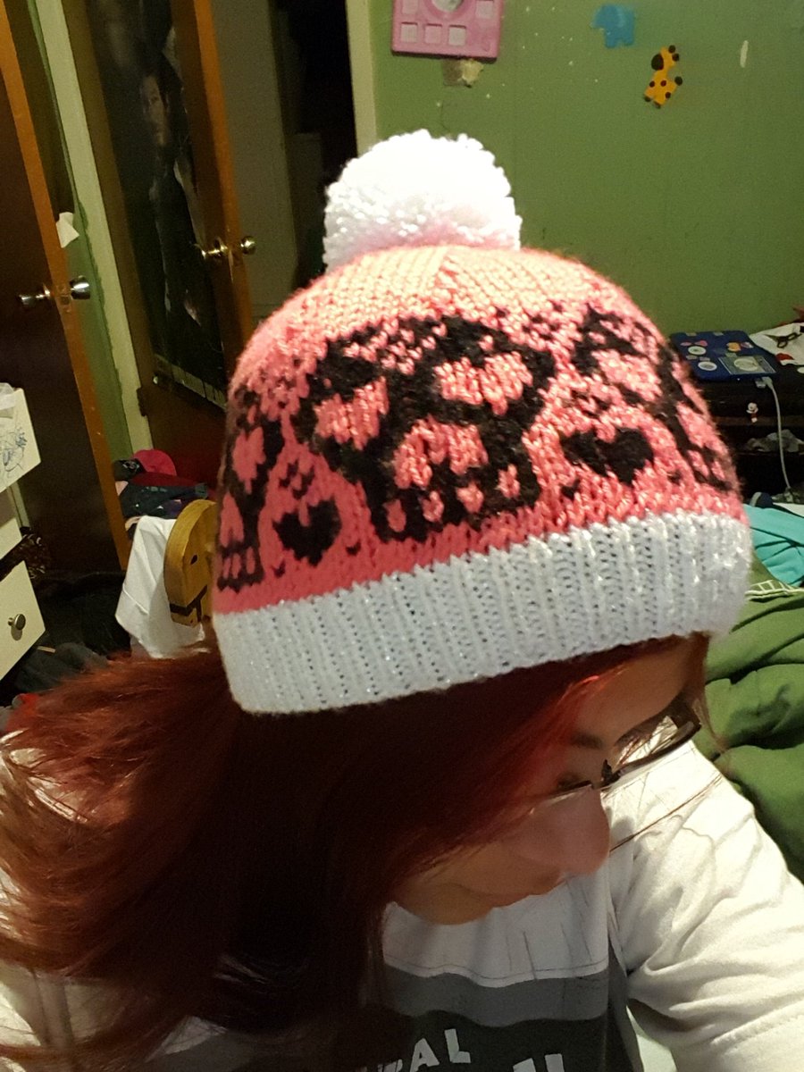 RockyChar420's tweet photo. Finished my hat last night 😸😼😽😻😺 #fairisle #knitting #circularneedles #doublepointedneedles #knithat #hearteyeskull https://t.co/kRk0eKTpnk