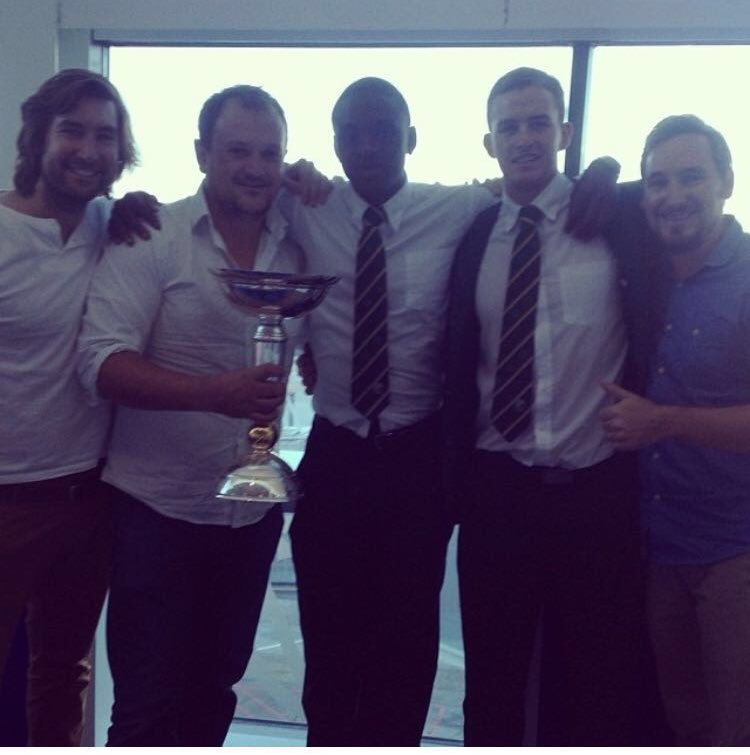 AsherStoltz's tweet photo. @KagisoRabada25 you won't remember but we are bloody happy we got this pic when we did. Well bowled today. https://t.co/VBfHmNPJLb