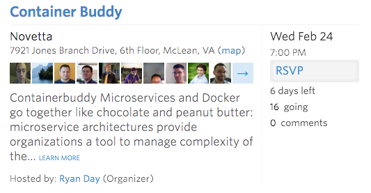 Novettasol's tweet photo. @GolangDC's #ContainerBuddy #meetup Wednesday covers #Docker and #microservices. RSVP here: https://t.co/lvpCLNZuV5 https://t.co/ot3KSQpoVg