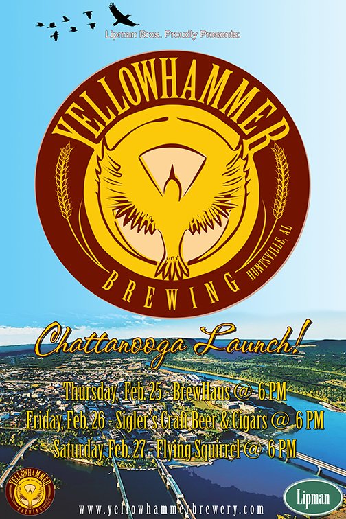 YellowhammerAle's tweet photo. Yellowhammer launch in Chattanooga this week! 
Thurs @BrewHausChatt -- Fri @SiglerCraftBeer -- Sat @squirrelbar https://t.co/PJGqp7pkUI