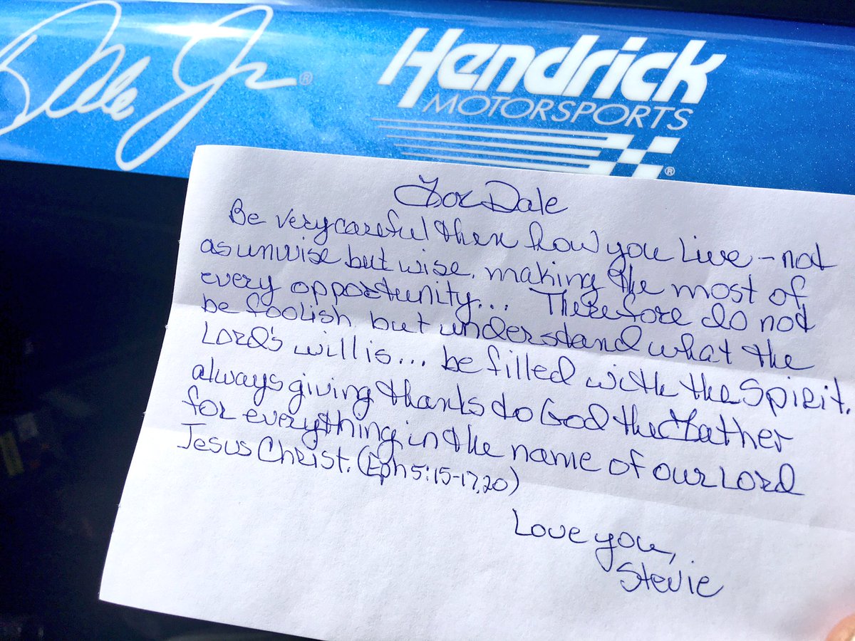 Here is <a href="/DaleJr/">Dale Earnhardt Jr.</a> 's verse from <a href="/steviewaltrip/">Stevie Waltrip</a> for the #Daytona500 ! #blessed #SteviesVerse