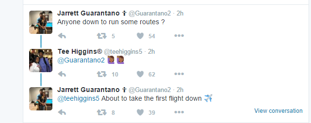 awhitingbba's tweet photo. Anybody else catch this little gem? I could get used to @Guarantano2 to @teehiggins5 -- @m_white14 @Dannywhit111295 https://t.co/2UPFhJiaT2