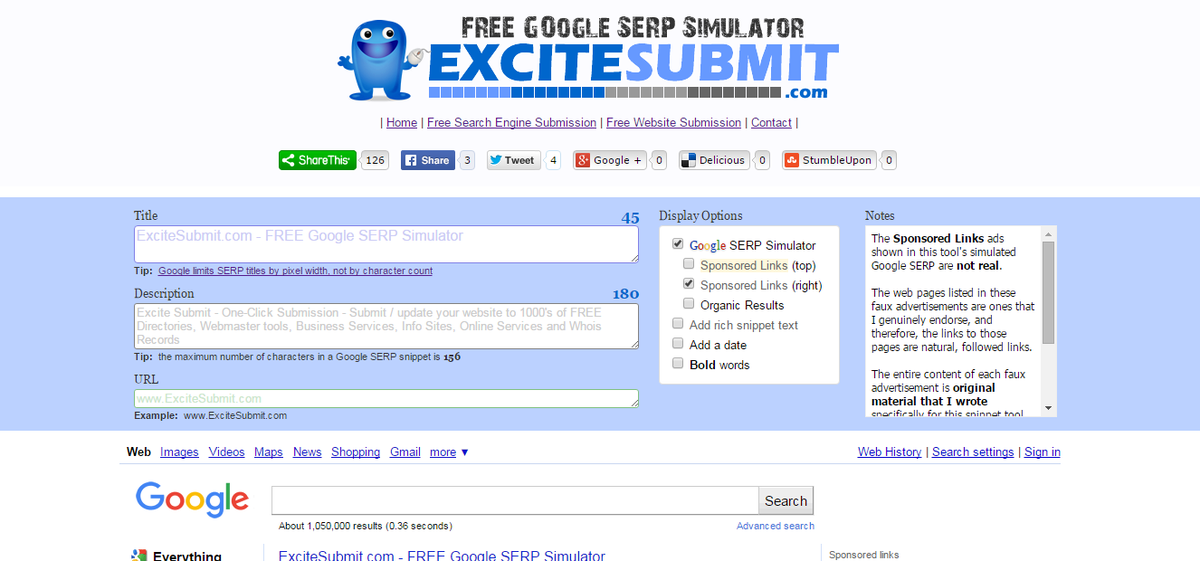 FREE Online Google SERP Snippet Optimization Tool - Webmaster Tool - serp.excitesubmit.com #TheNextGalaxy #SEO