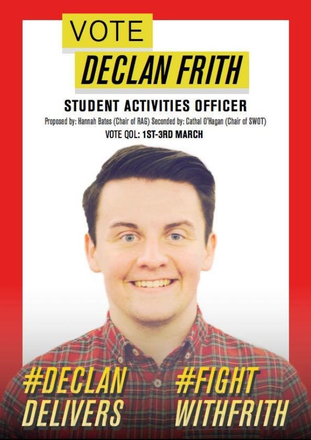 DeclanFrith16's tweet photo. Delighted to release my campaign poster for the @QUBSU #StudentLeaderElections #DeclanDelivers #FightWithFrith https://t.co/qutVA7sJAm