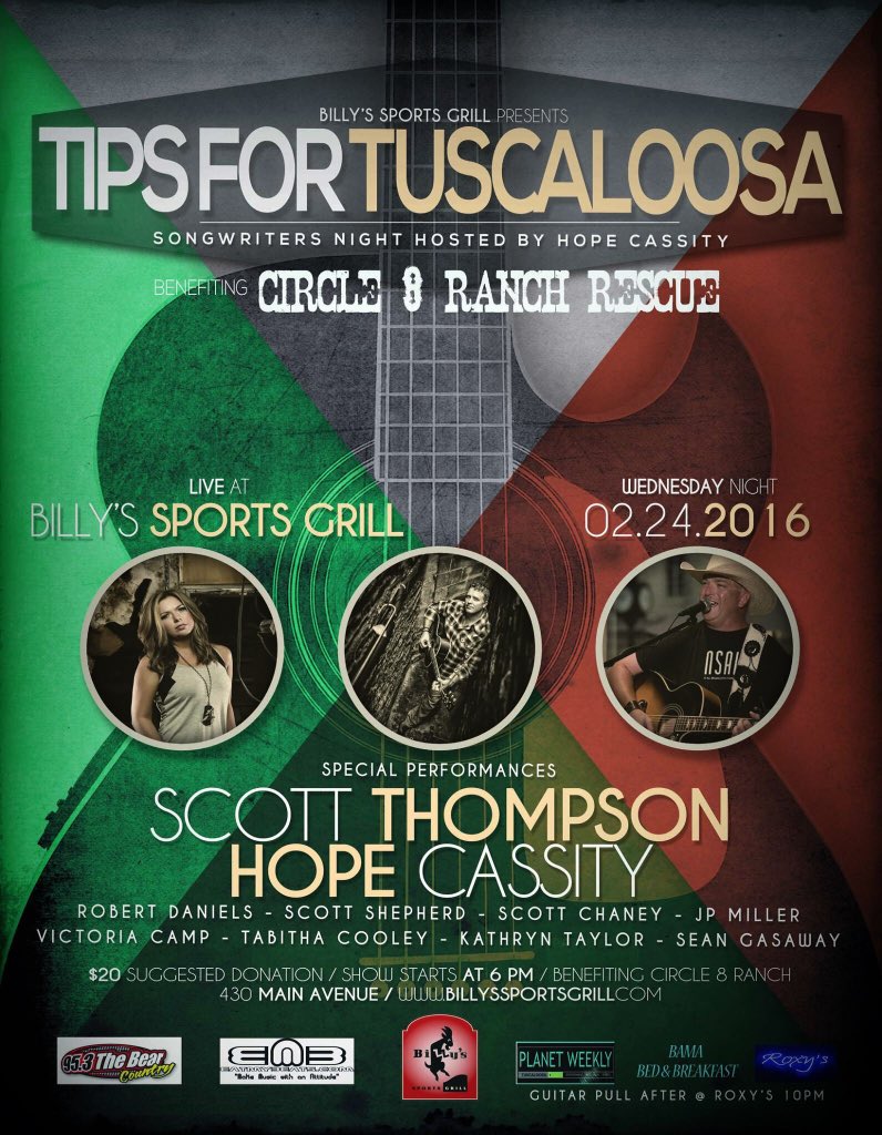 BillysSportGril's tweet photo. Wednesday #TipsForTuscaloosa w/ @hopecassity benefiting Circle 8 Ranch Rescue  @BillysSportGril Northport 6PM https://t.co/2c4ApUDWZB
