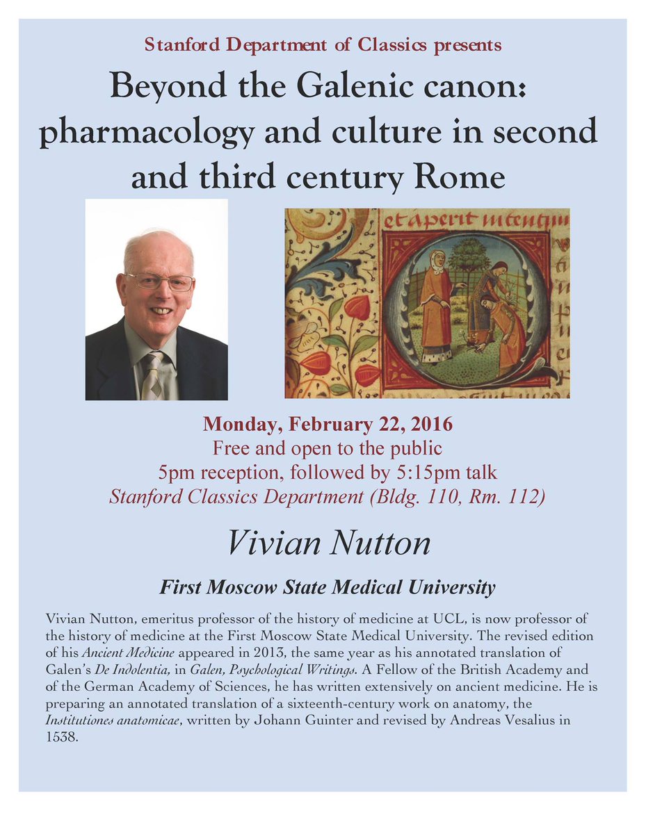 CarolineLawrenc's tweet photo. If you're near @Stanford tomorrow: Beyond Galen https://t.co/ADESQQCIOa #RomanMedicine #FreeEvent #ClassicsDept https://t.co/eDFTHcK1ft