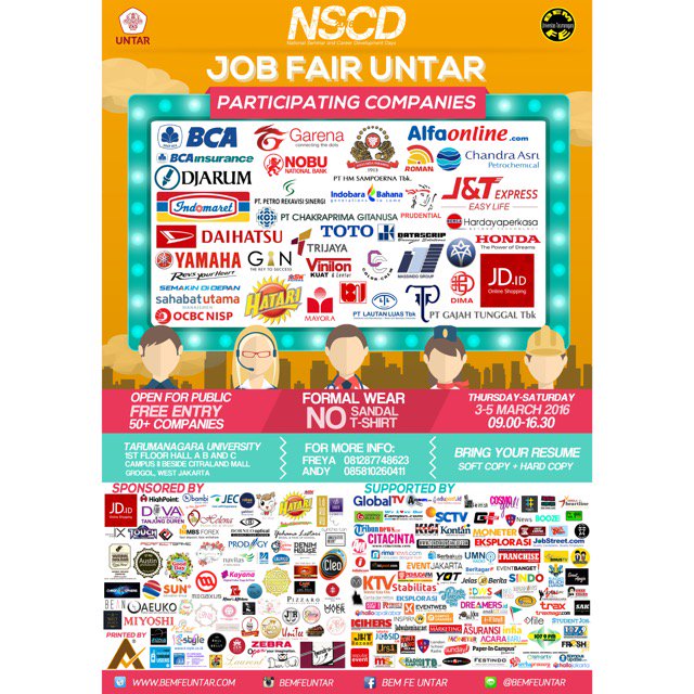 IDstudentjob's tweet photo. Be ready for our #JOBFAIR in March 3th-5th, 2016! With 50+ companies joined us and FREE. Don’t miss it! @BEMFE_UNTAR https://t.co/nSCfeOhq3q