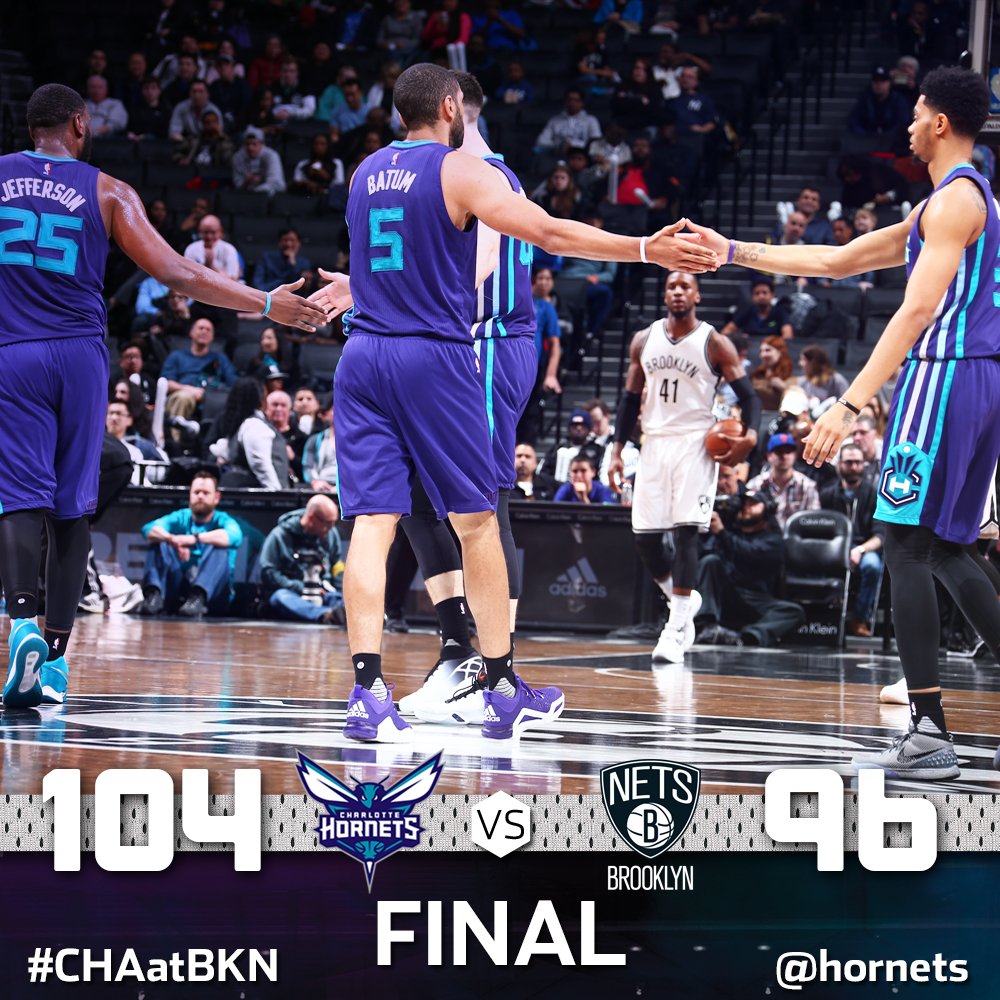 hornets's tweet photo. HORNETS WIN! Solid team performance tonight. @KembaWalker leads 5 Hornets in double-figures with 28pts. #CHAatBKN https://t.co/TdHnWDqycB