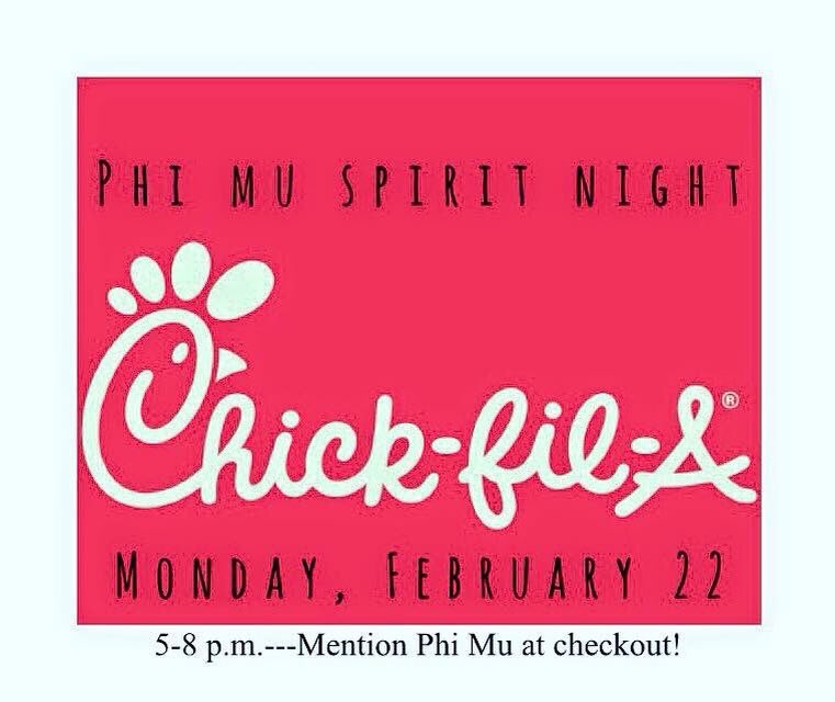 SU_Panhellenic's tweet photo. Go get some CFA tomorrow night and mention Phi Mu as you order! All proceeds go towards Children's Miracle Network! https://t.co/fHb7jwgZkP