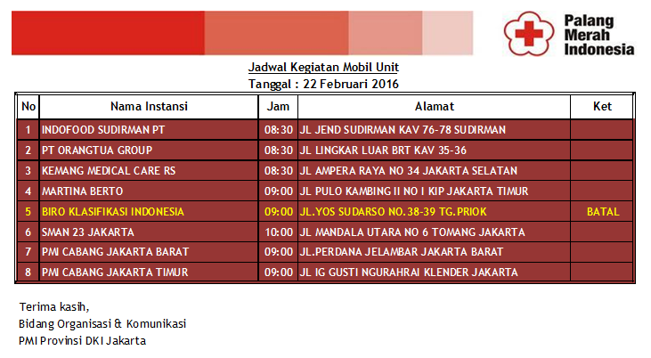 RT <a href="/PMI_DKI_Jakarta/">PMI Provinsi DKI Jakarta</a>: Jadwal Kegiatan Mobil Unit Donor Darah (22/2) <a href="/palangmerah/">Indonesian Red Cross</a> <a href="/Blood4LifeID/">BFL INDONESIA</a> <a href="/Rh_NegatifID/">RhesusNegatifInd</a>