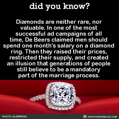did-you-kno:

  Diamonds are neither rare, nor valuable. In one of the most successful ad campaigns of all time, De…