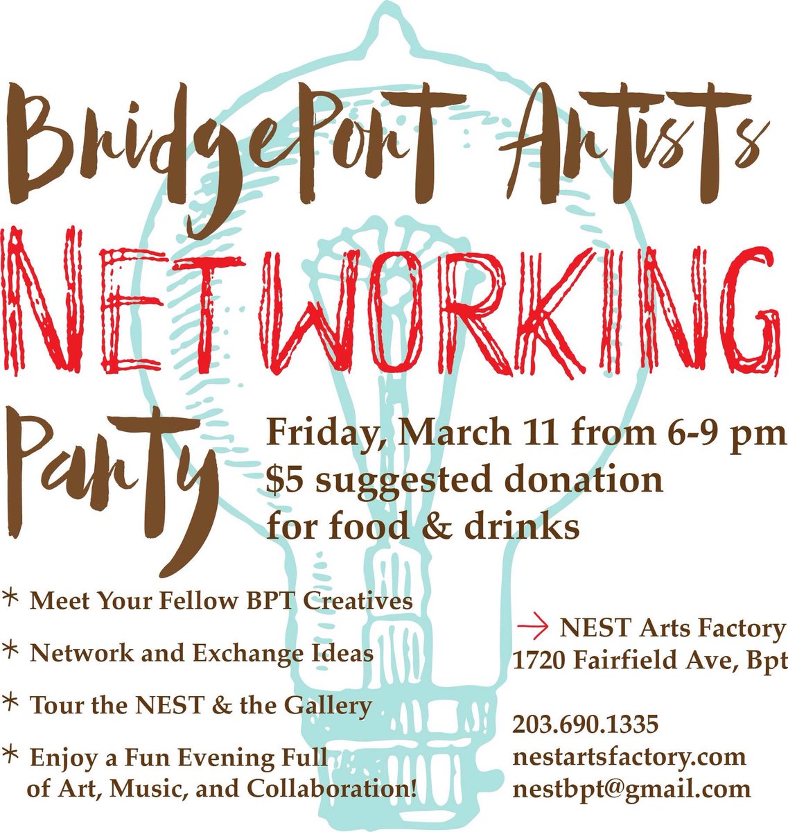 nestartsfactory's tweet image. Bridgeport artists! Come to a networking party at the NEST on Friday, March 11. facebook.com/events/1552563…