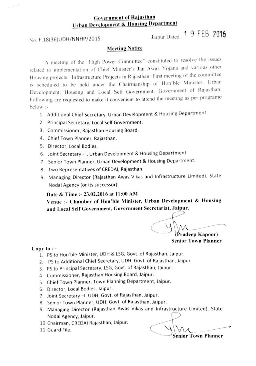 High Power Committee meeting is scheduled to be held on 23.02.2016 under the chairmanship of Hon'ble Minister UDH,