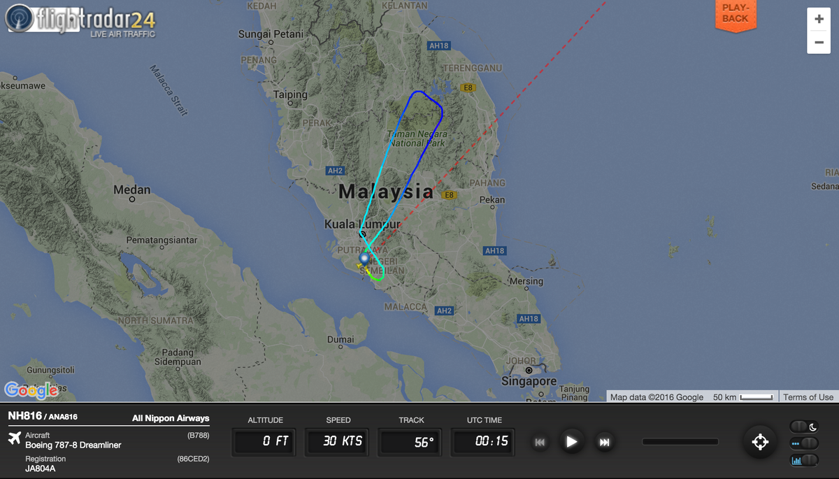 flightradar24's tweet photo. #NH816, Kuala Lumpur-Tokyo, returned to Kuala Lumpur earlier due to an engine failure. https://t.co/RNk0MAzvQI https://t.co/SxUbVOtGOL