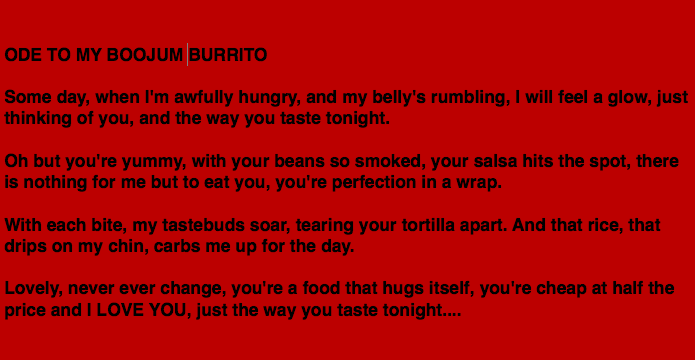 LisaMcGarryLive's tweet photo. Just wrote an ode to @boojum_belfast burritos to the tune of The Way You Look Tonight. #mondayblues #OdetoFood https://t.co/bbdza8LMkB