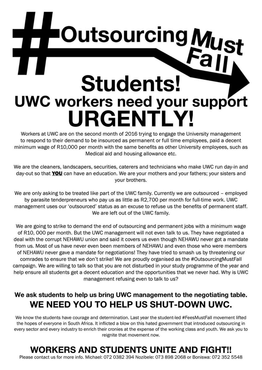 UWCFeesWillFall's tweet photo. #ENDoutsourcing #OutsourcingMustFall #uwcfeesmustfall https://t.co/taIpQIbV8G