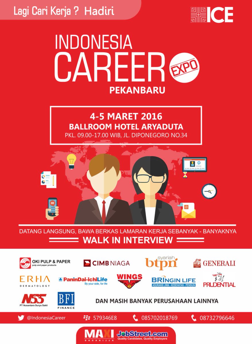IndonesiaCareer's tweet photo. Raih Kesempatan Bekerja, ayo ke Jobfair #IndonesiaCareerExpo #PKU 4-5 Mar'16 di Hotel Aryaduta @riautrending https://t.co/Y0qqNtc8fj