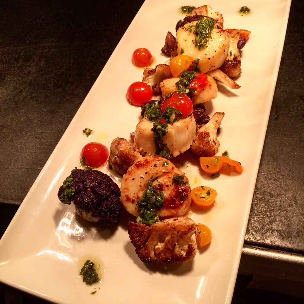 Brown butter roasted scallops, cauliflower, heirloom cherry tomatoes, salsa verde..#foodies #foodporn
