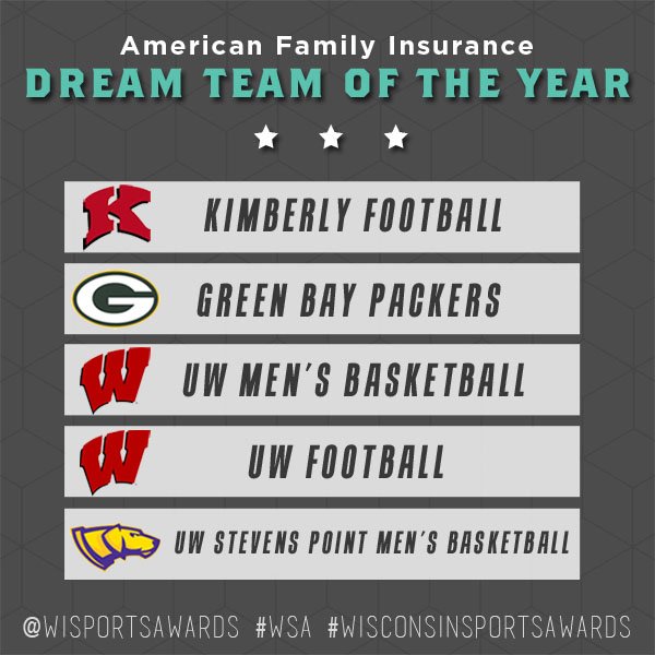 WISportsAwards's tweet photo. .@AmFam Dream Team Nominees: @Maker_Football, @packers, @BadgerMBB, @BadgerFootball and @UWSPAthletics!  #WSA https://t.co/QhqDs6XAC4