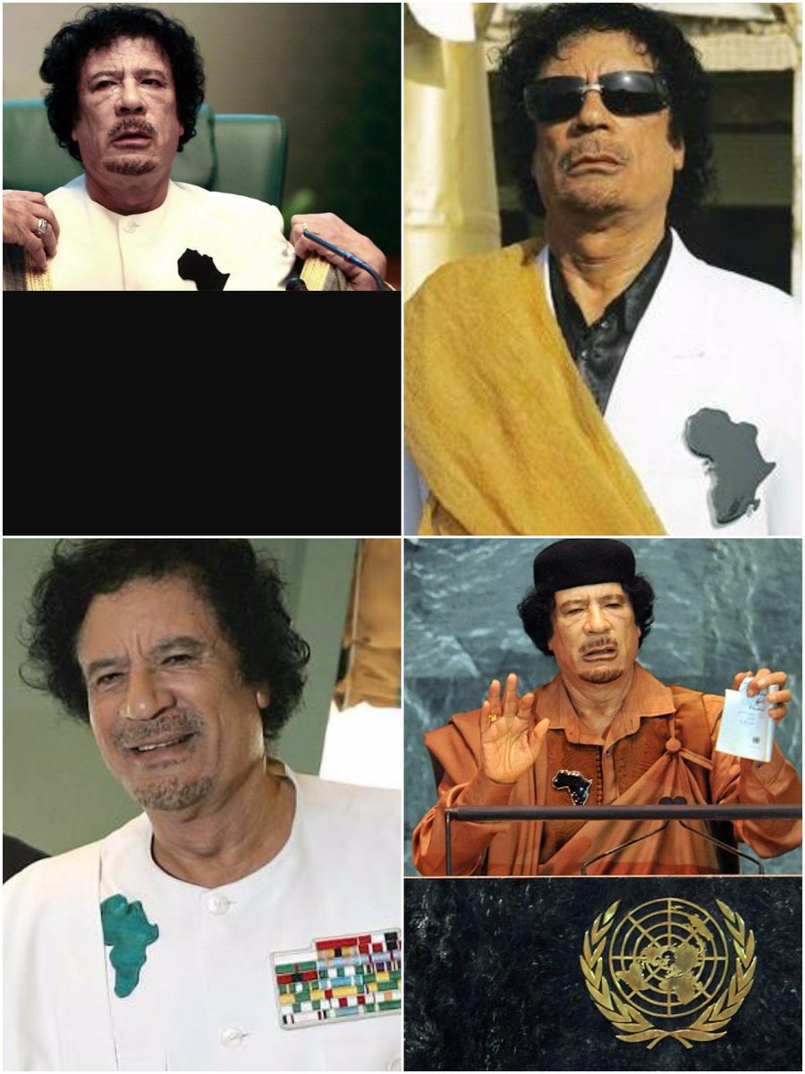 koyero's tweet photo. When making public appearances, Libya's Col. Muammar Gaddafi always ensured that an African map was on his attire. https://t.co/xahnFAEpJA