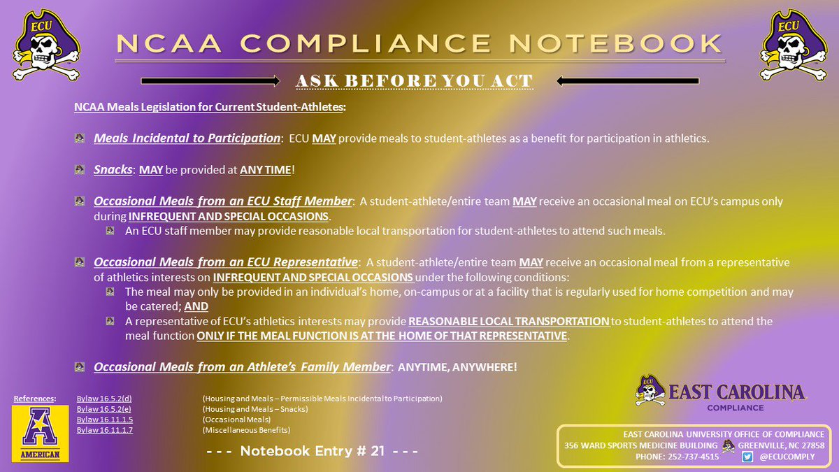 Compliance Note #21: How can current student-athletes receive meals from/through ECU? #ECUPirates #ECUndaunted