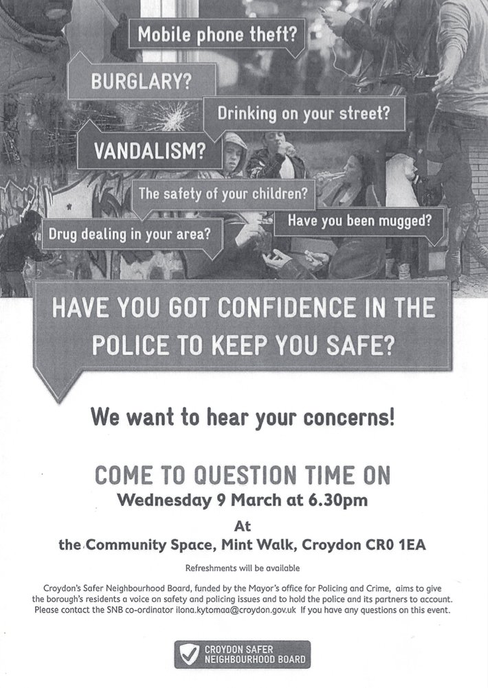 CroydonNbrhoods's tweet photo. #Croydon > Join @SNBCroydon on Weds 9 March, 6.30pm. Meeting on confidence in policing https://t.co/CC5VRSTHtz https://t.co/VwFURU50lS