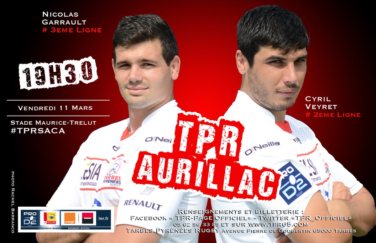 Le TPR reçoit le Stade Aurillacois vendredi à 19h30 !  #TPRSACA @saca_officiel <a href="/MairieTarbes/">Mairie de Tarbes</a> <a href="/NicolasGarrault/">Nicolas Garrault</a>