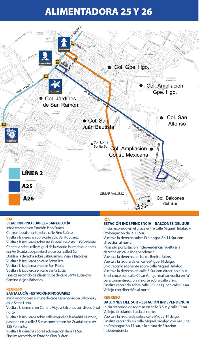 RUTA_Puebla's tweet photo. Recorrido de Alimentadoras 25 y 26 #Línea2 de @RUTA_Puebla Paradero Pino Suárez - Santa Lucía – P. Pino Suárez https://t.co/wcZBzAz3cR